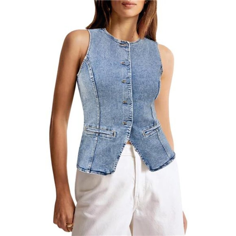 Women's Button Down Denim Vest Top Sleeveless Fitted Jean Tank Top